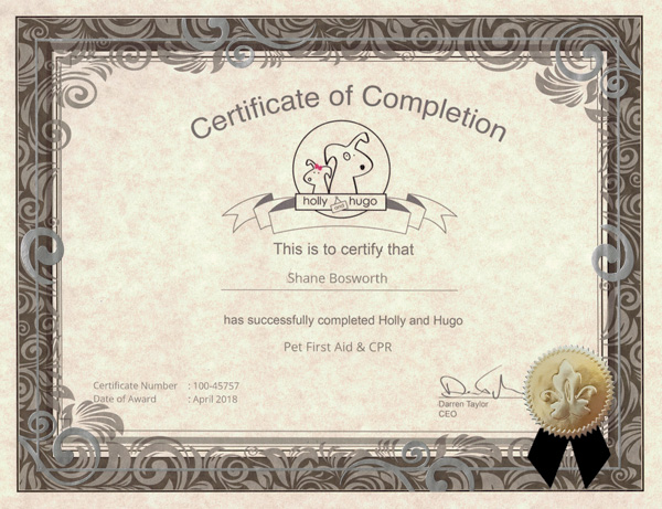 Pet First Aid & CPR Certificate of Completion