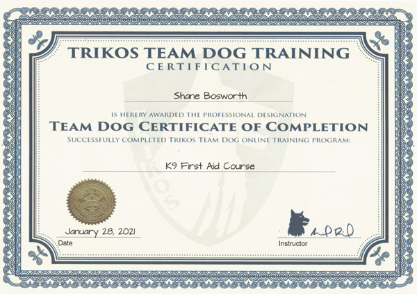 Team Dog K-9 First Aid Certificate of Completion