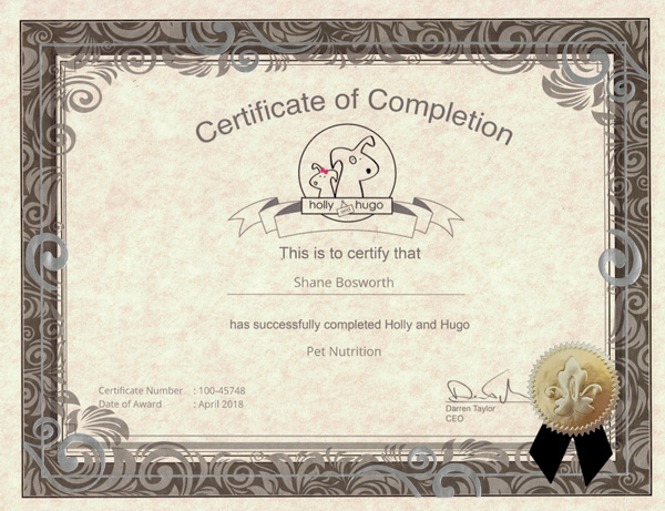 Pet Nutrition Certificate of Completion